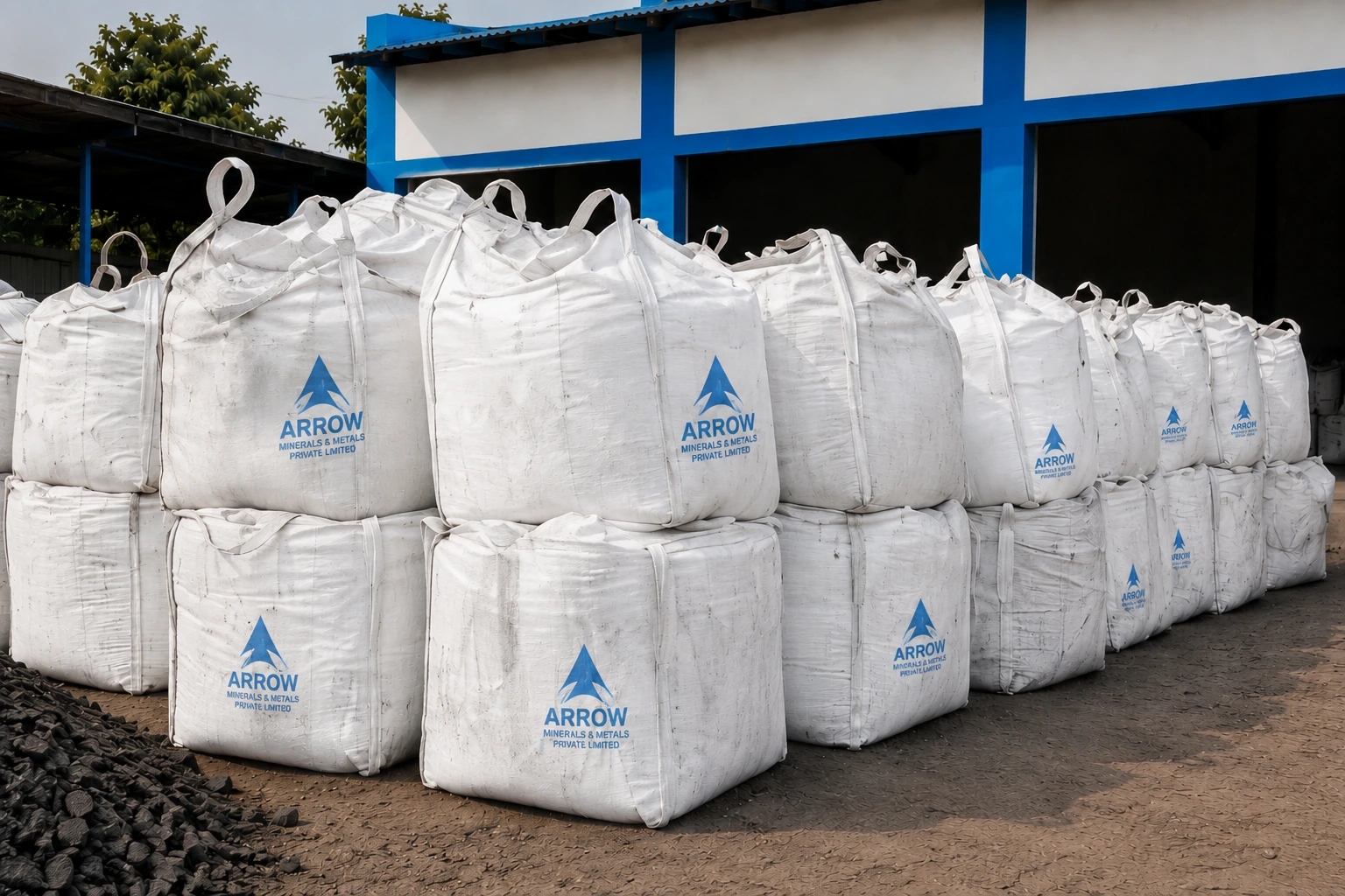Arrow Minerals jumbo bags stacked in the packaging yard